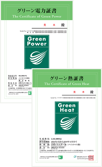 グリーン電力証書（見本）とグリーン熱証書（見本）